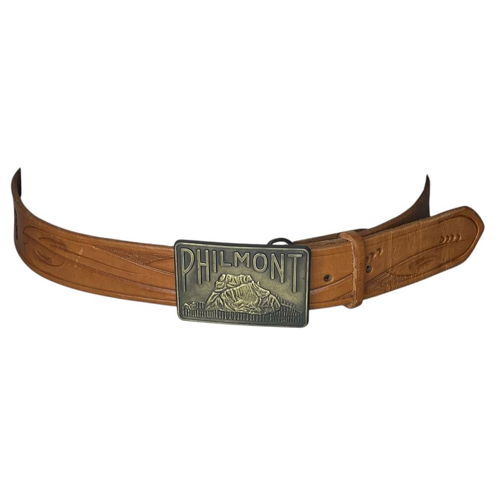 Vintage Philmont Scout Brass Buckle Waist 34 Tooled Leather Belt Ranch Cimarron